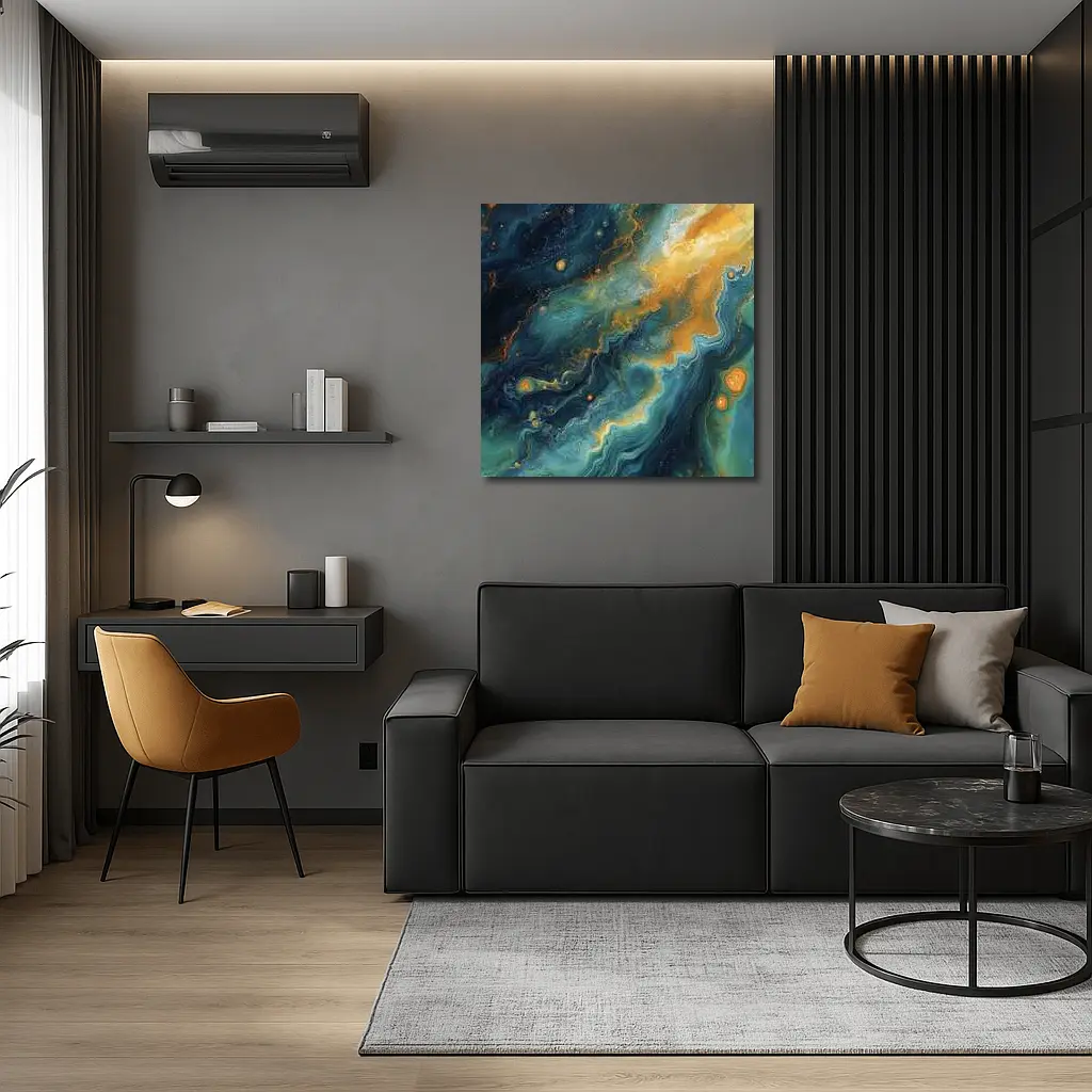 Teal Gold Abstract Marble Fluid Art – Wall Art