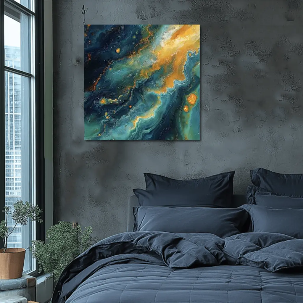 Teal Gold Abstract Marble Fluid Art – Wall Art