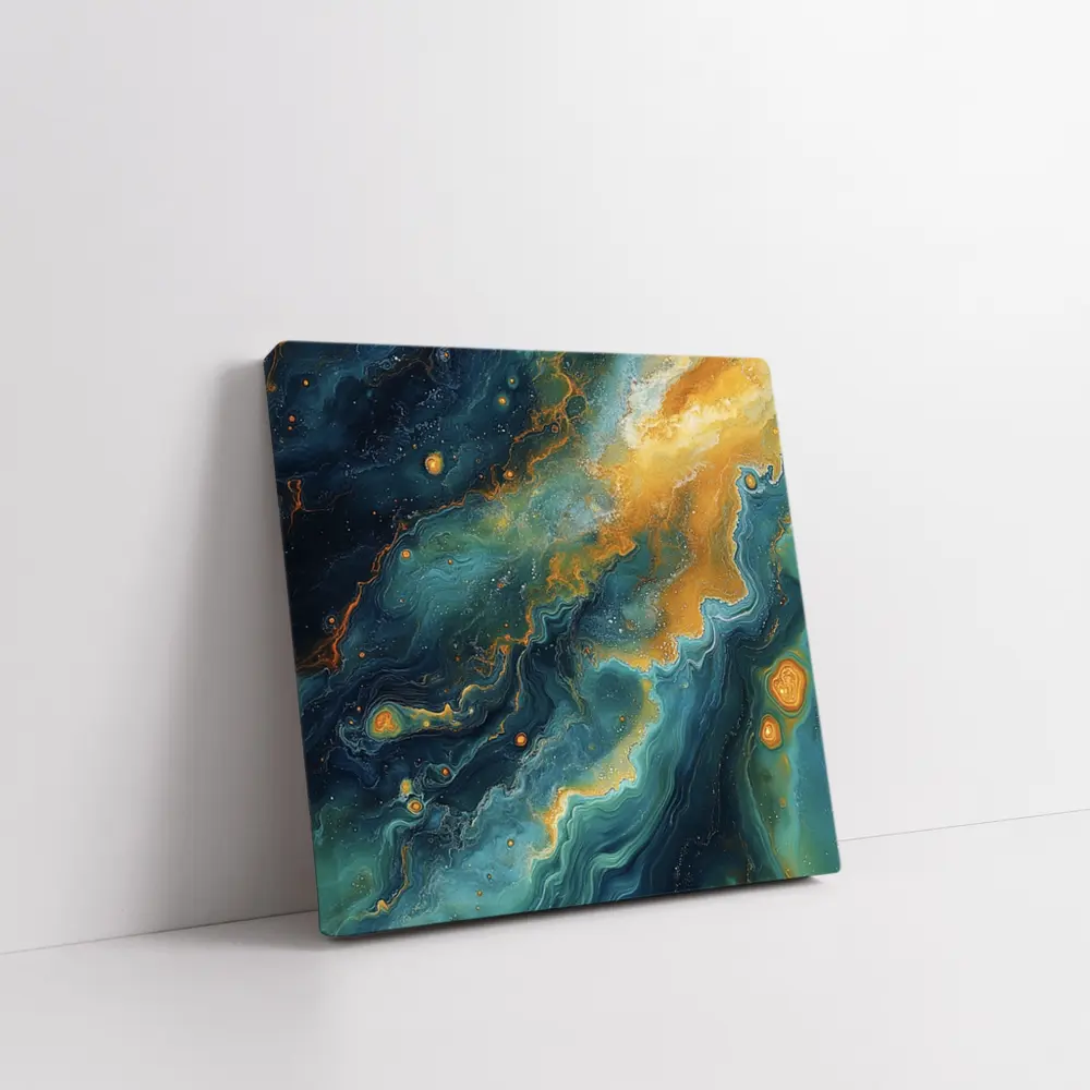 Teal Gold Abstract Marble Fluid Art – Wall Art