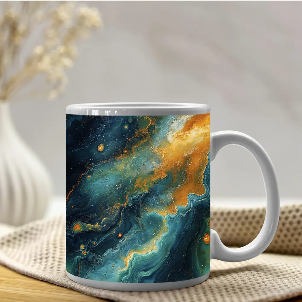 Teal Gold Abstract Marble Fluid Art – Mugs