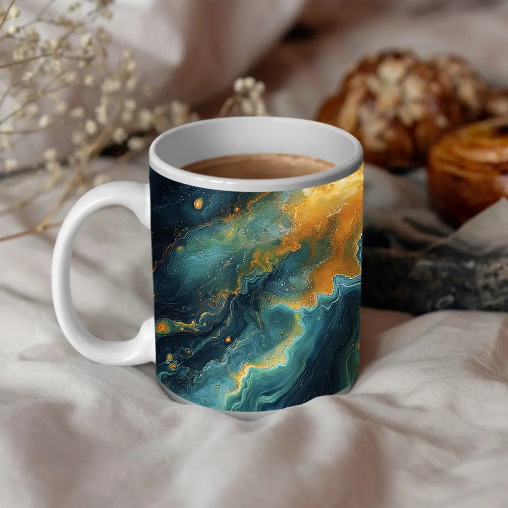 Teal Gold Abstract Marble Fluid Art – Mugs