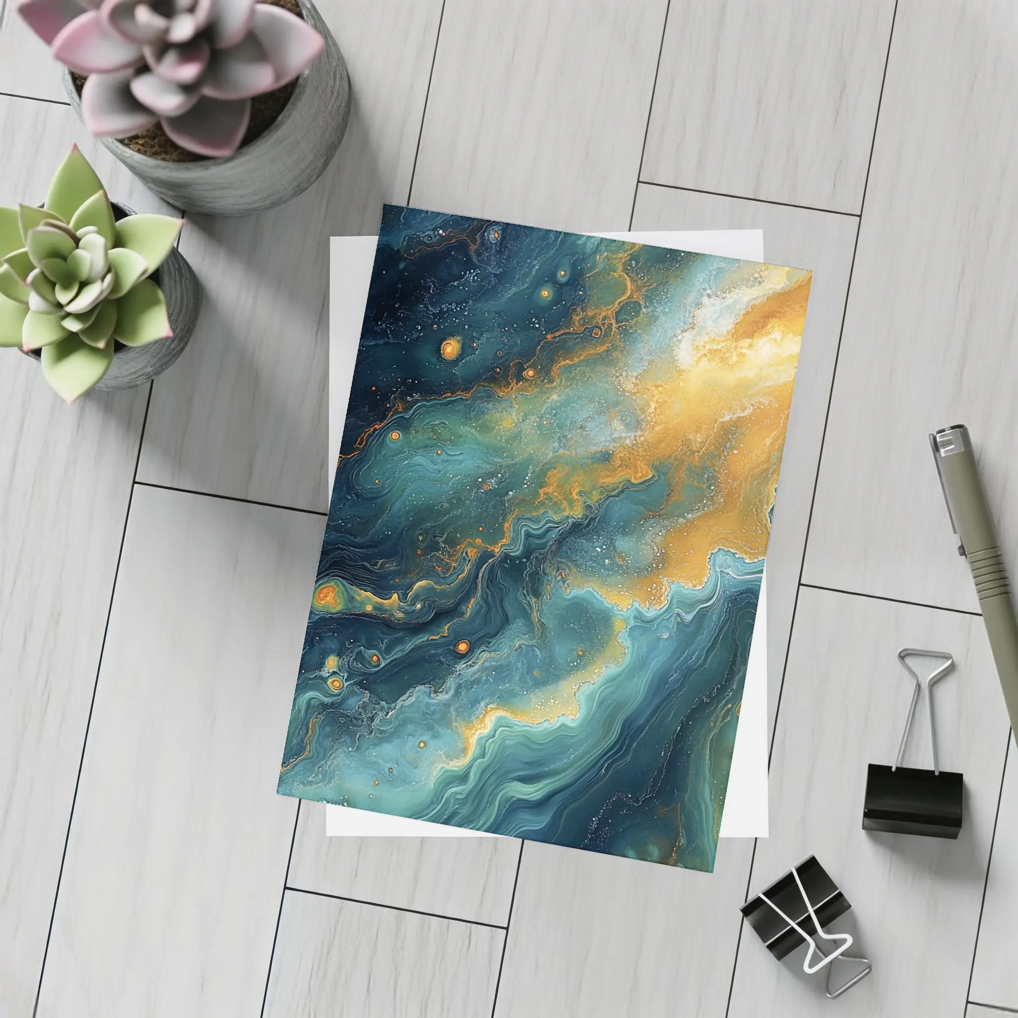 Teal Gold Abstract Marble Fluid Art – Postcards