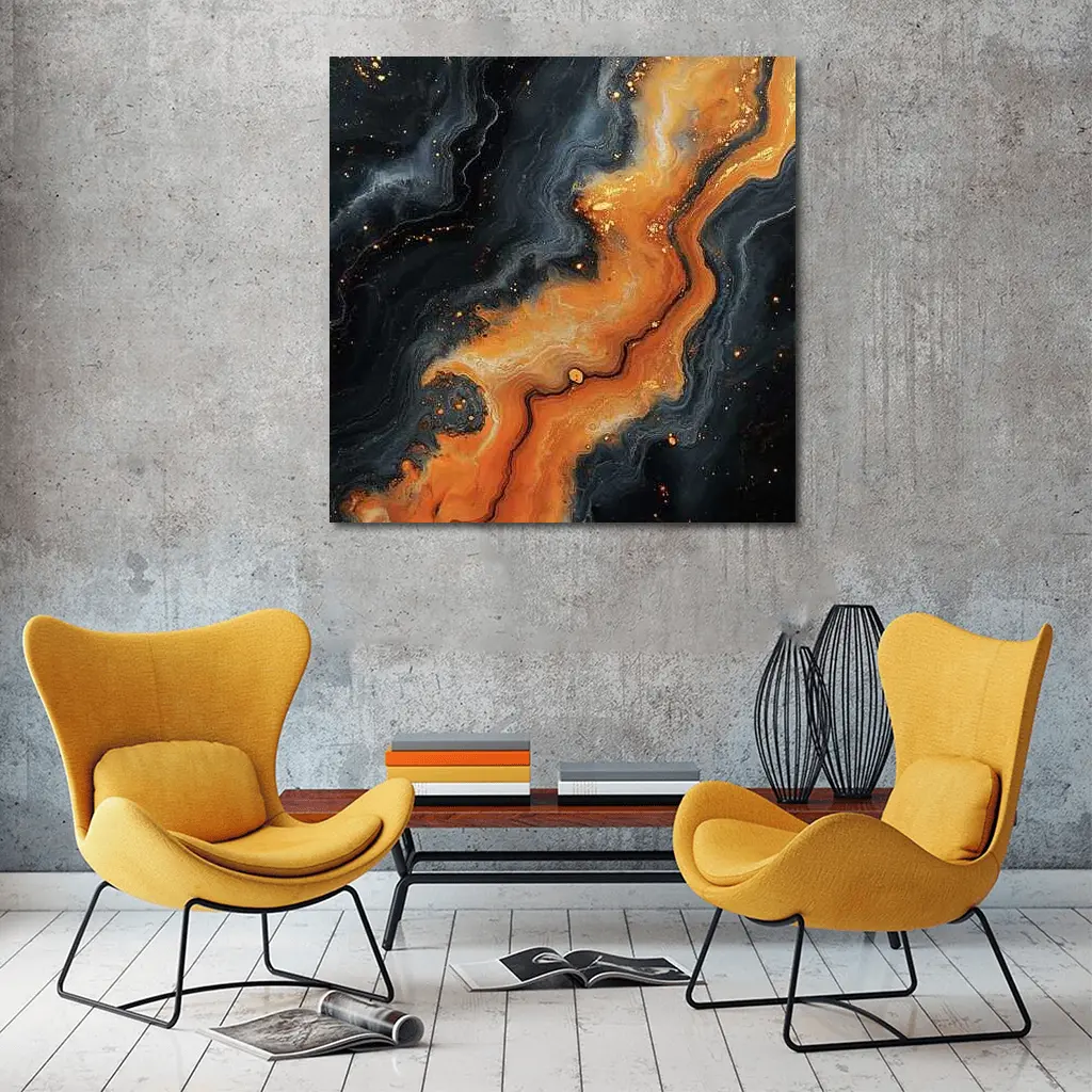 Dark Black Orange Marble Abstract Fluid Art – Wall Art