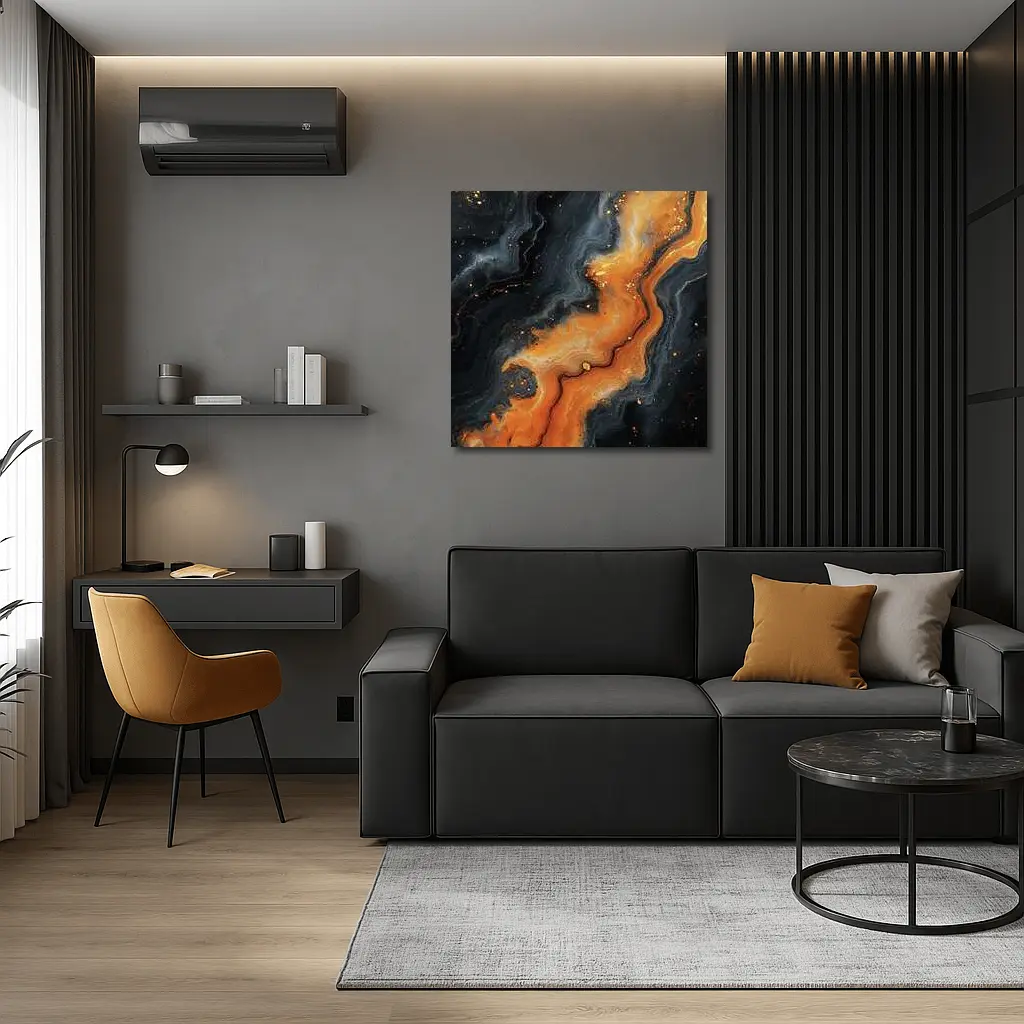 Dark Black Orange Marble Abstract Fluid Art – Wall Art