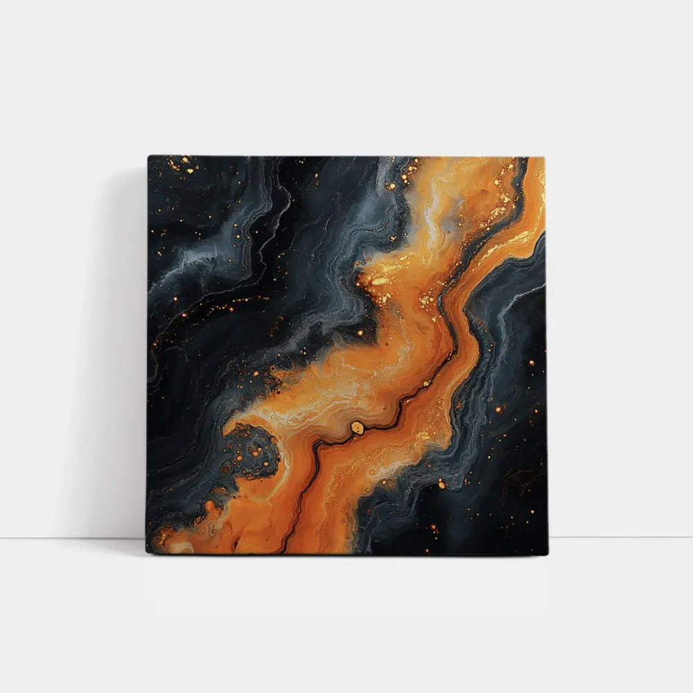 Dark Black Orange Marble Abstract Fluid Art – Wall Art