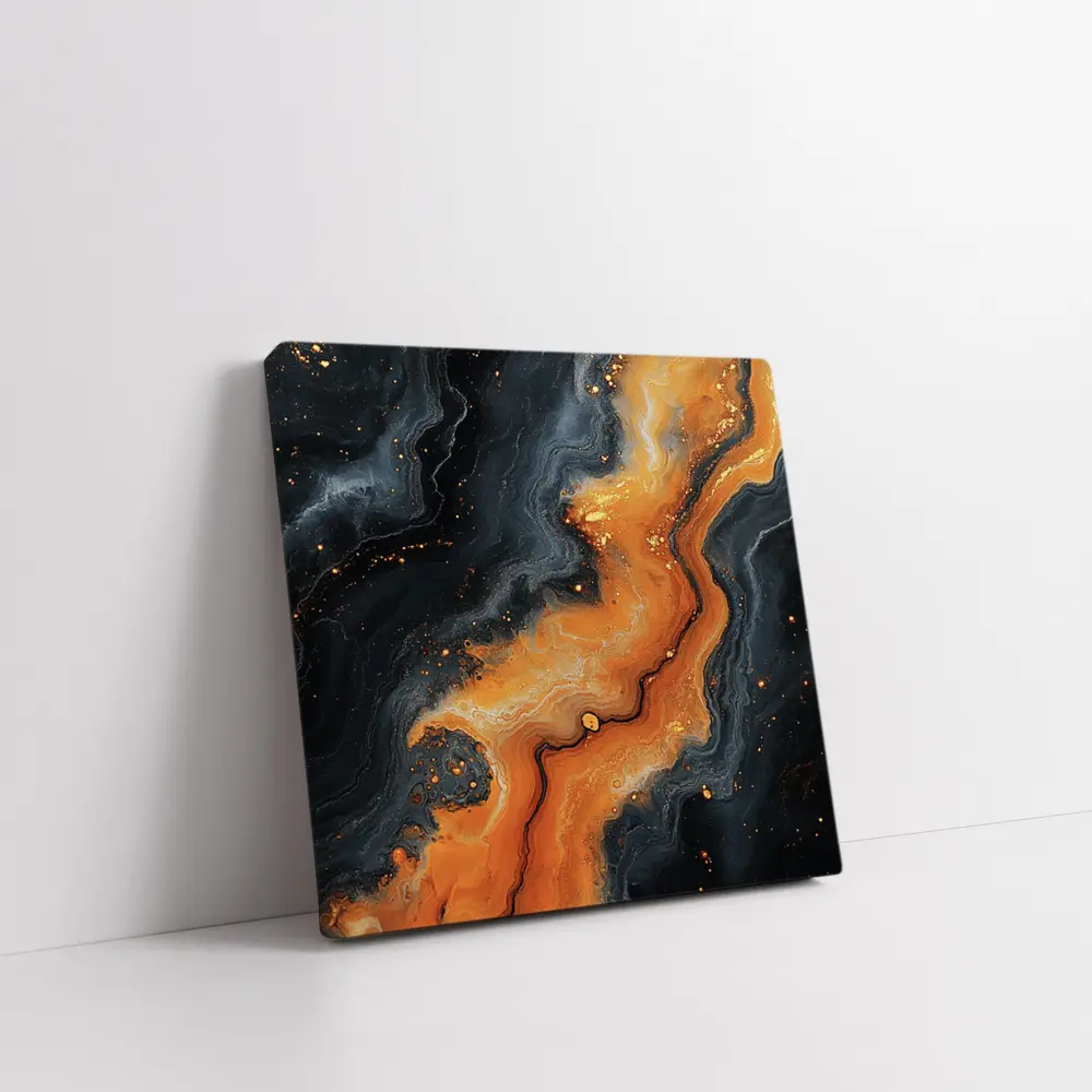 Dark Black Orange Marble Abstract Fluid Art – Wall Art