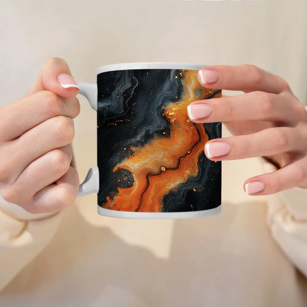 Dark Black Orange Marble Abstract Fluid Art – Mugs