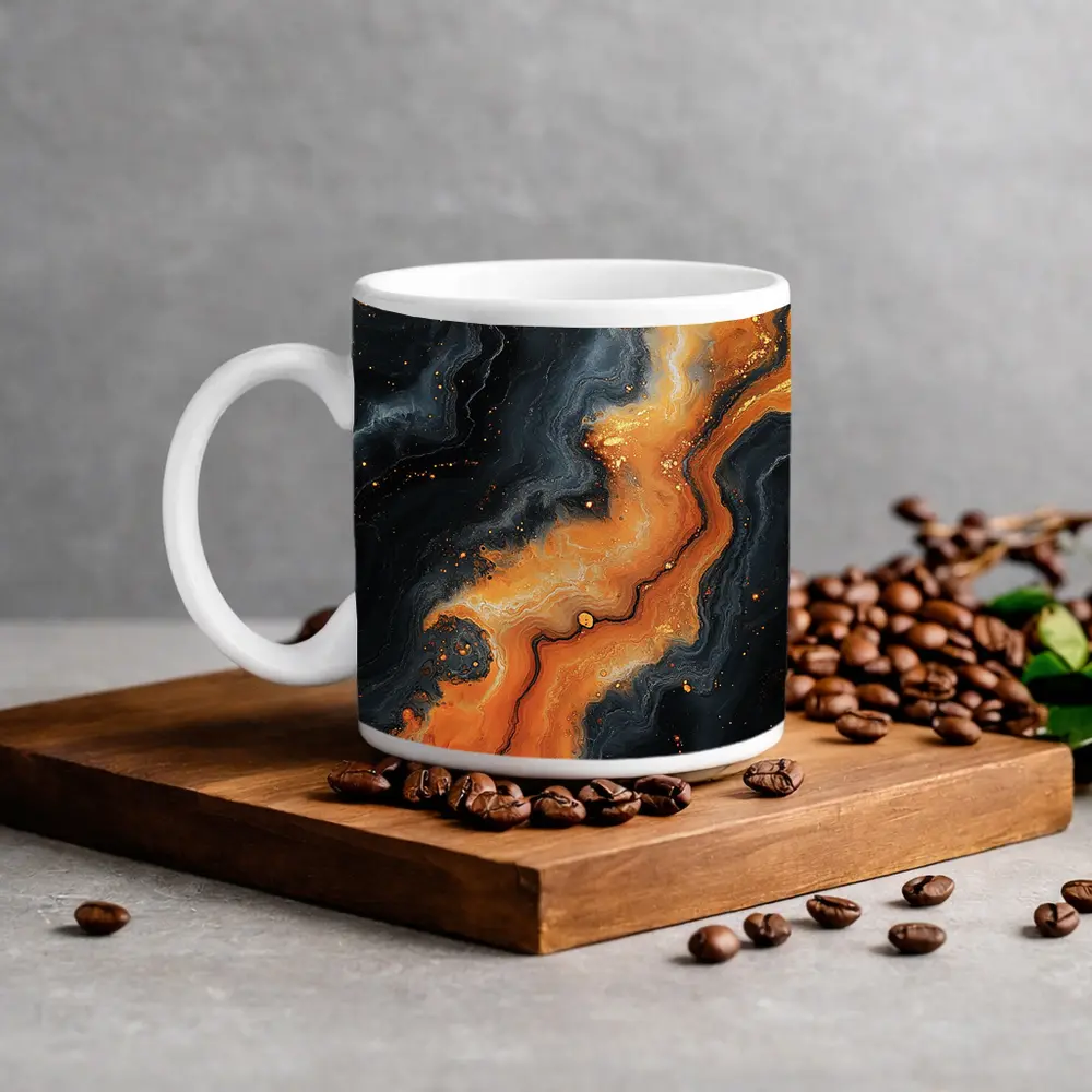 Dark Black Orange Marble Abstract Fluid Art – Mugs