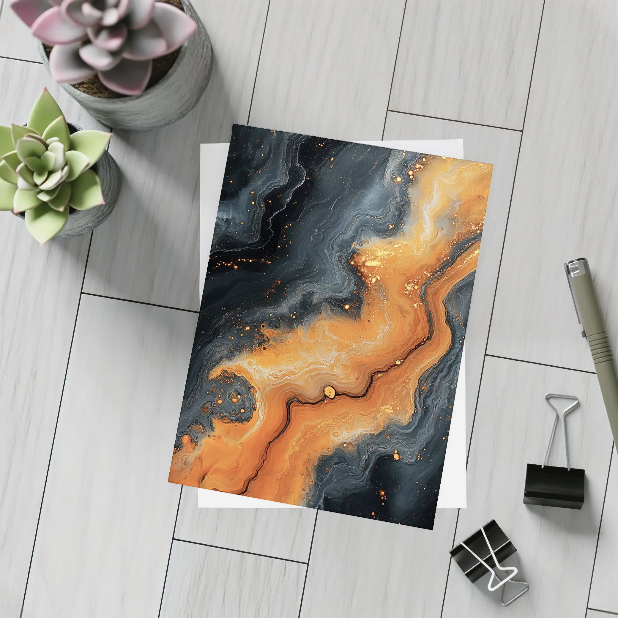 Dark Black Orange Marble Abstract Fluid Art – Postcards
