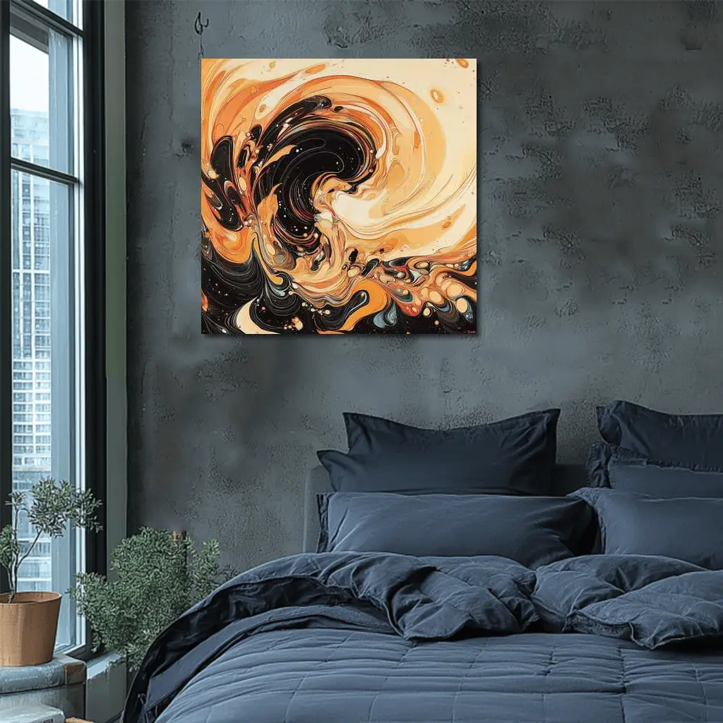 Swirling Orange Black Abstract Fluid Art – Wall Art