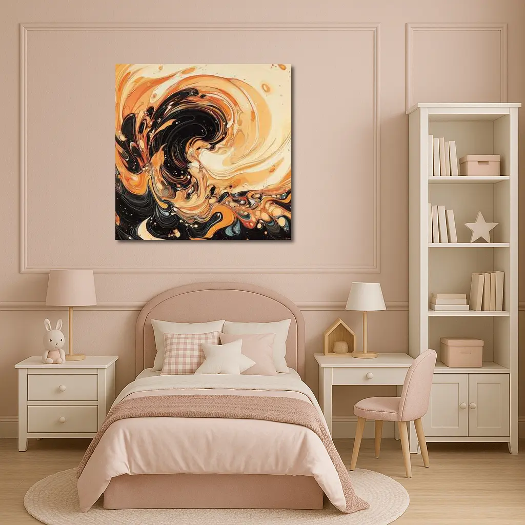 Swirling Orange Black Abstract Fluid Art – Wall Art