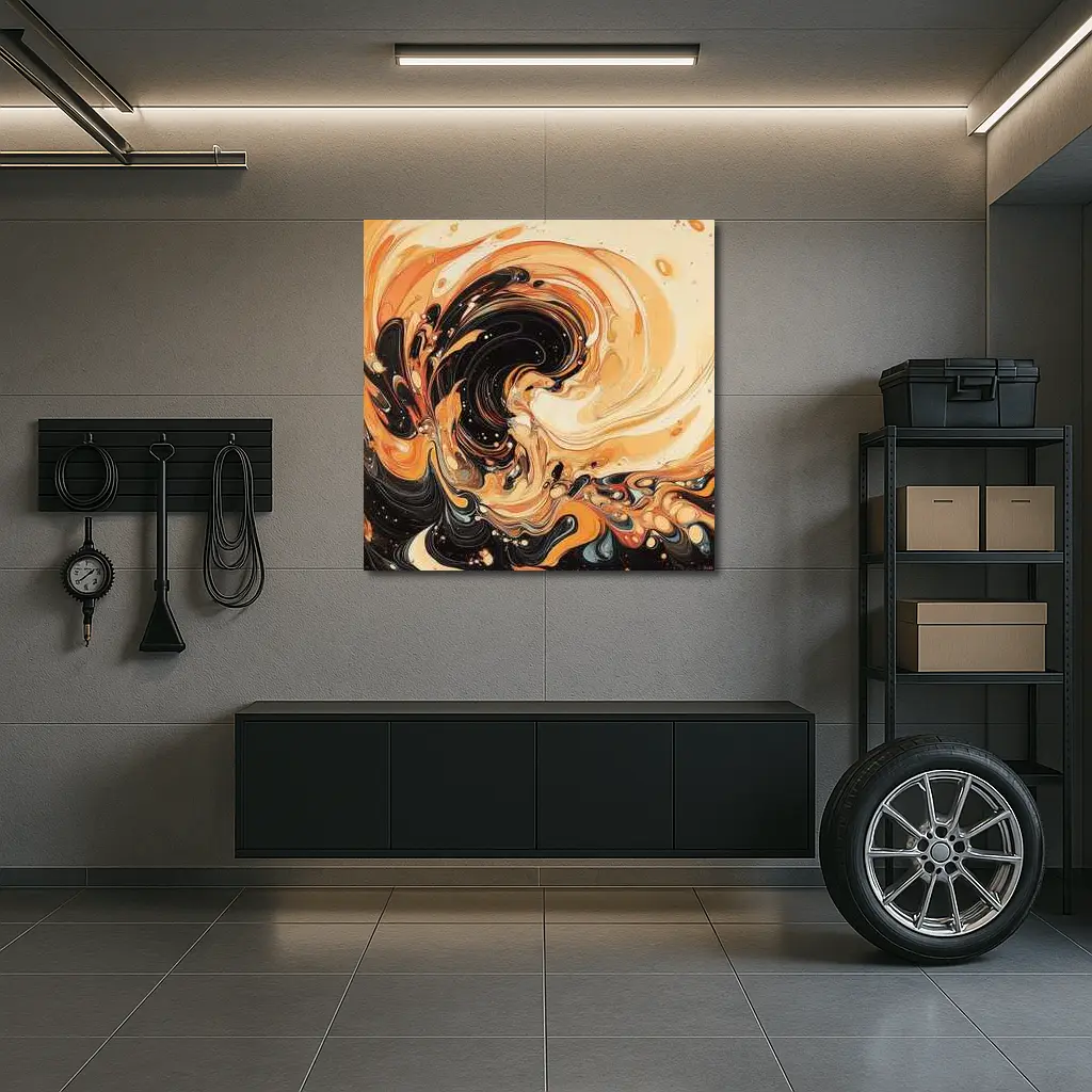 Swirling Orange Black Abstract Fluid Art – Wall Art