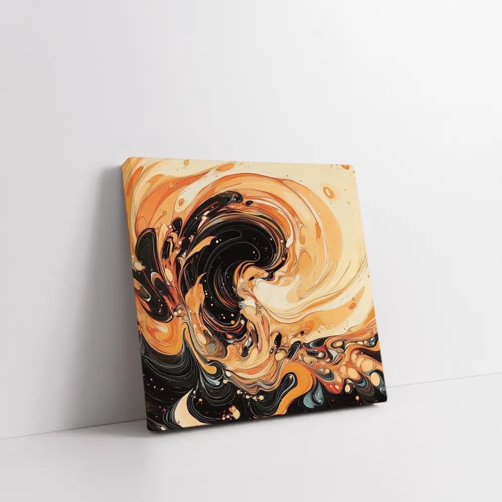 Swirling Orange Black Abstract Fluid Art – Wall Art