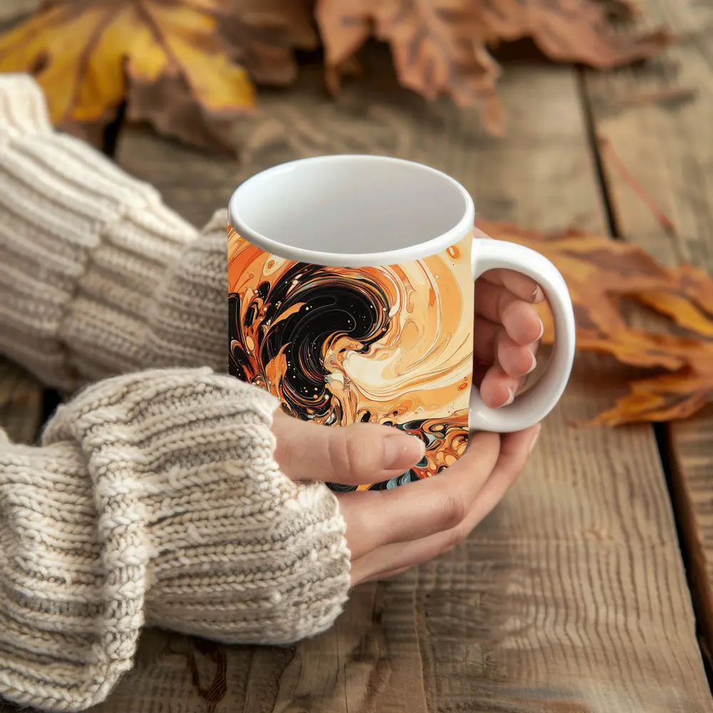 Swirling Orange Black Abstract Fluid Art – Mugs