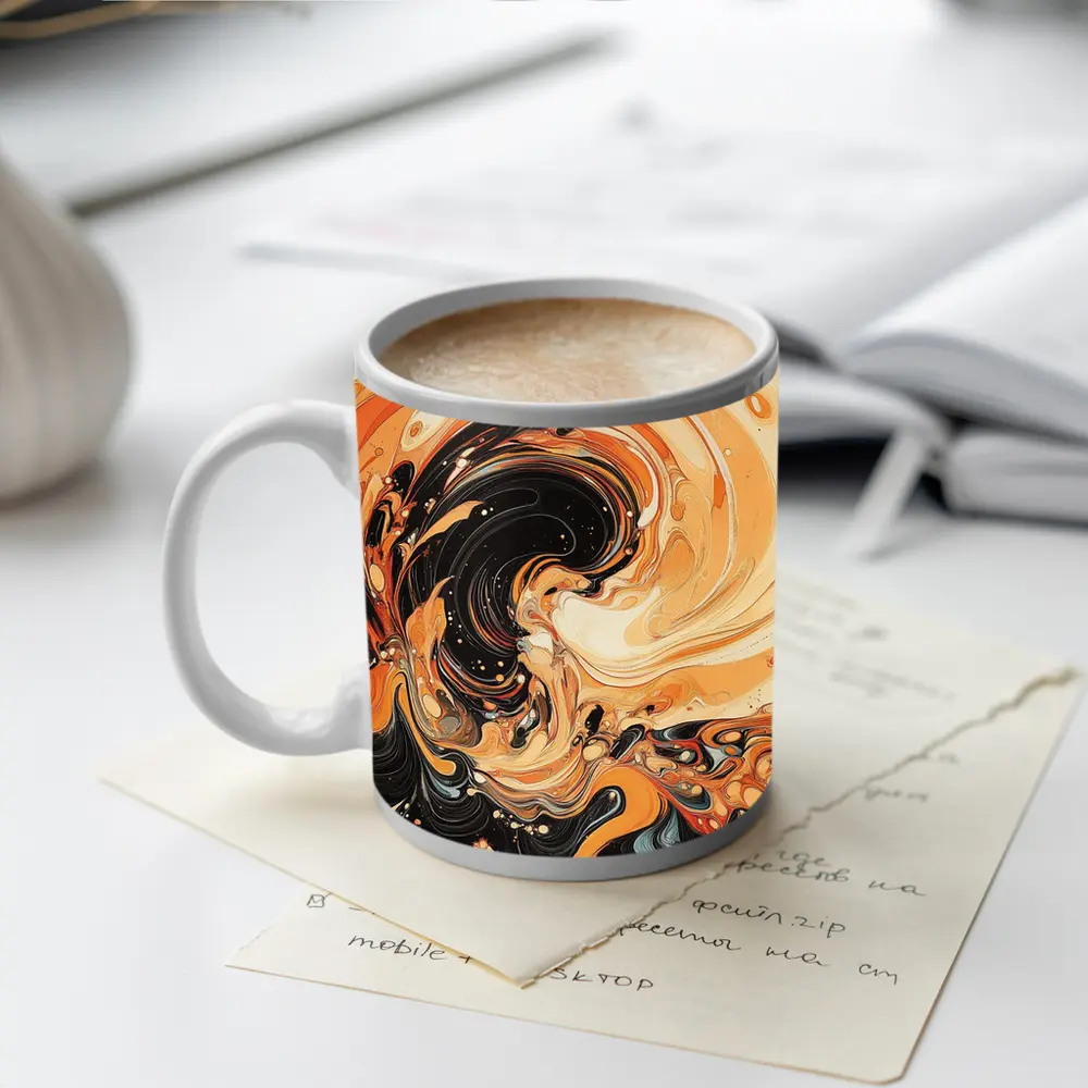 Swirling Orange Black Abstract Fluid Art – Mugs