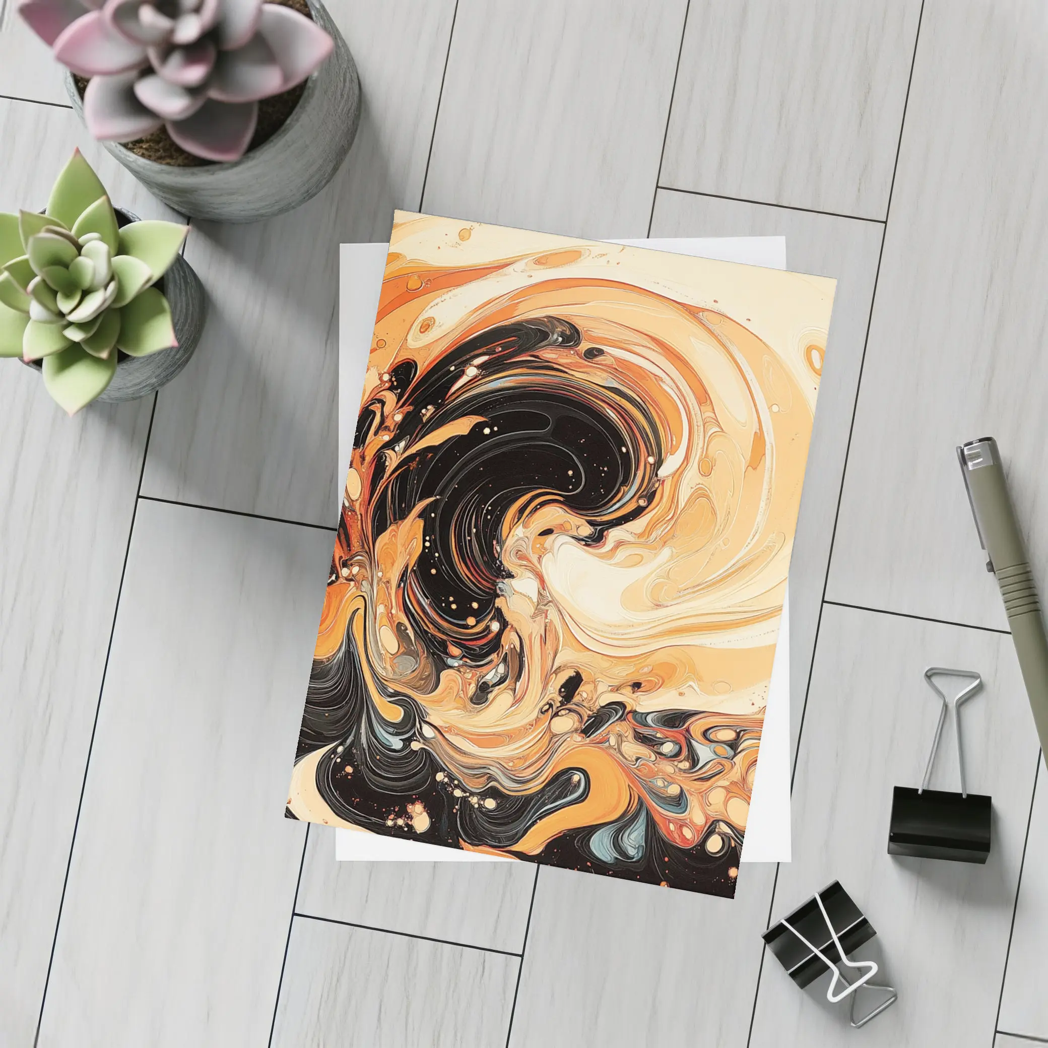 Swirling Orange Black Abstract Fluid Art – Postcards