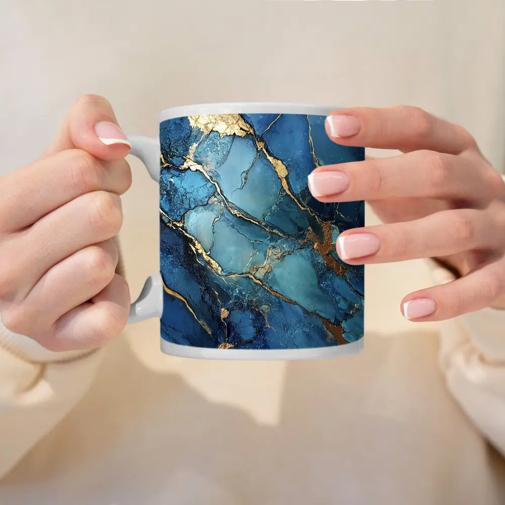 Blue Marble Gold Vein Abstract Art – Mugs