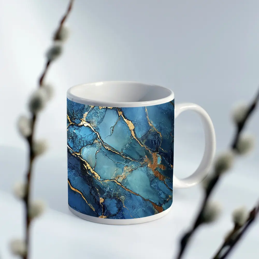 Blue Marble Gold Vein Abstract Art – Mugs
