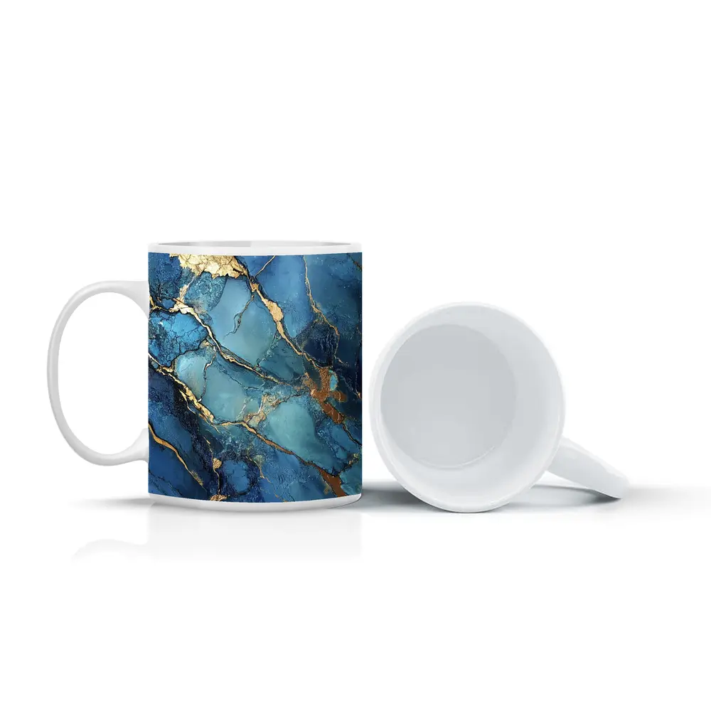 Blue Marble Gold Vein Abstract Art – Mugs