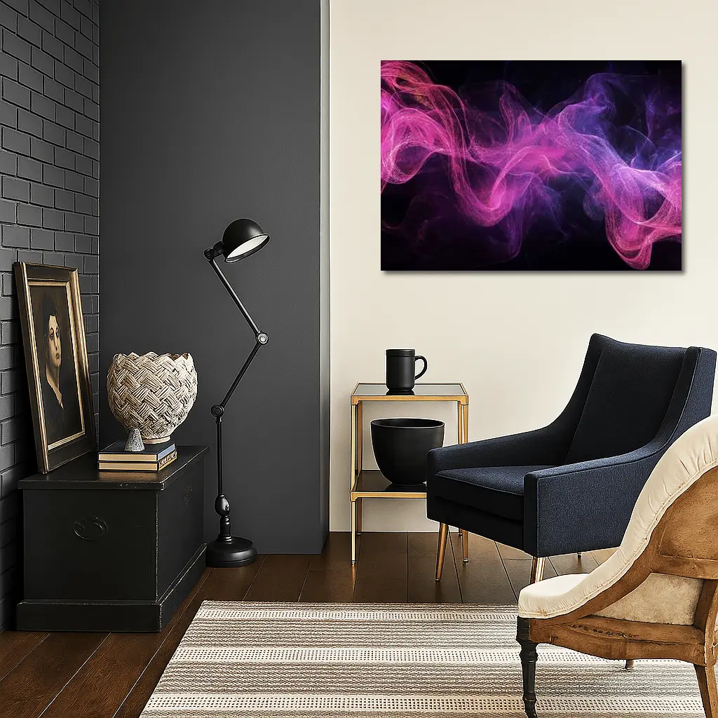 Pink Purple Smoke Waves Black Background – Wall Art