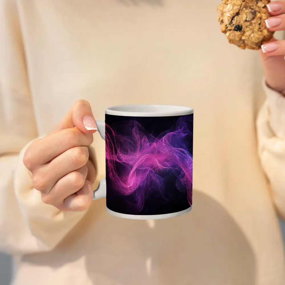 Pink Purple Smoke Waves Black Background – Mugs