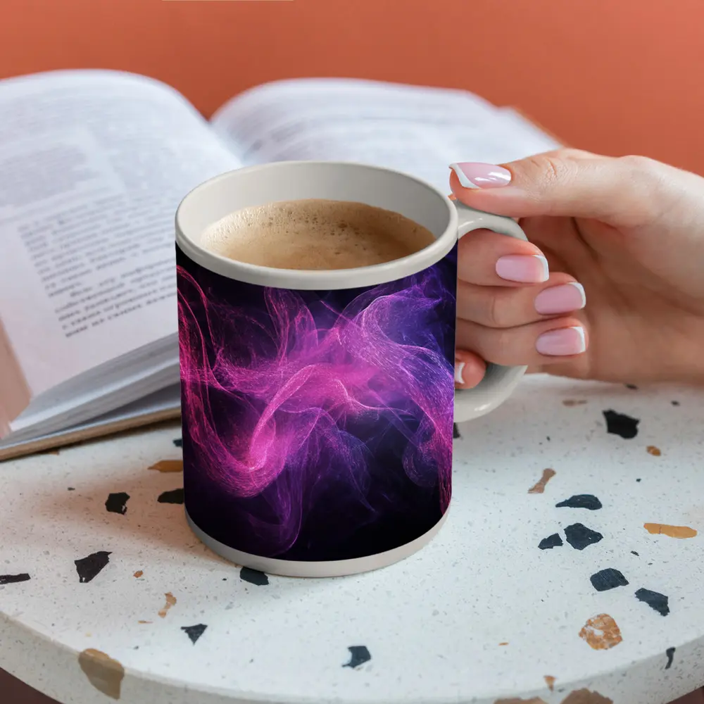 Pink Purple Smoke Waves Black Background – Mugs