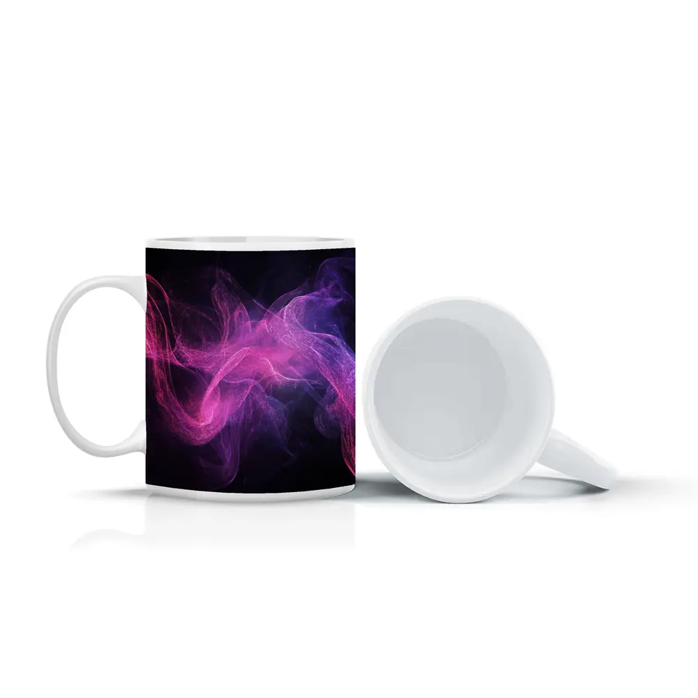 Pink Purple Smoke Waves Black Background – Mugs