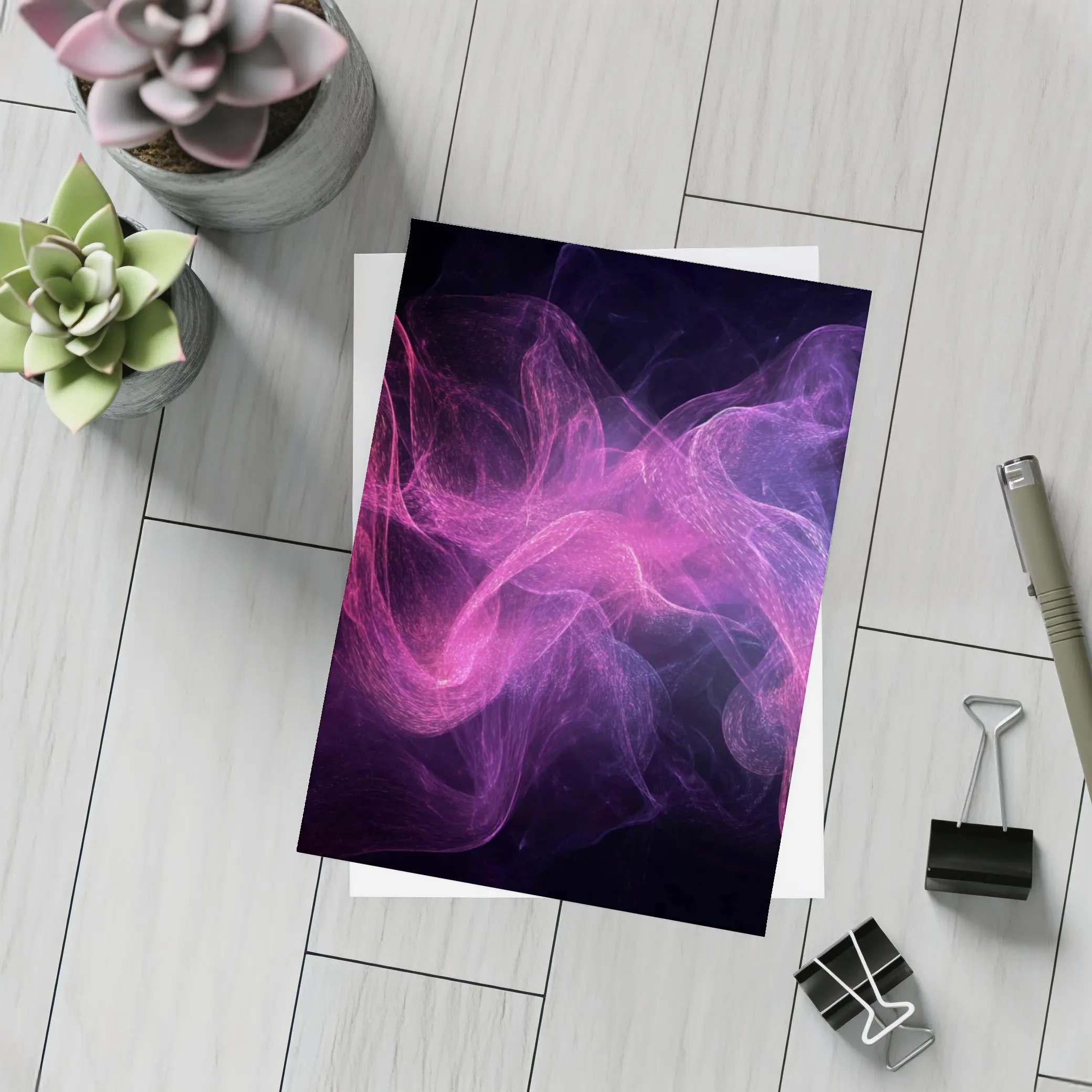 Pink Purple Smoke Waves Black Background – Postcards