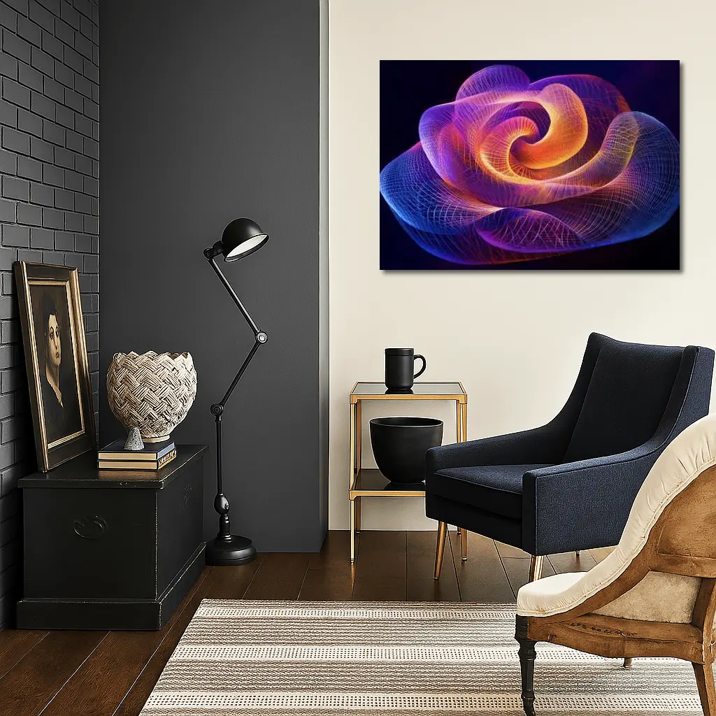 Glowing Wire Mesh Rose Abstract Dark Background – Wall Art