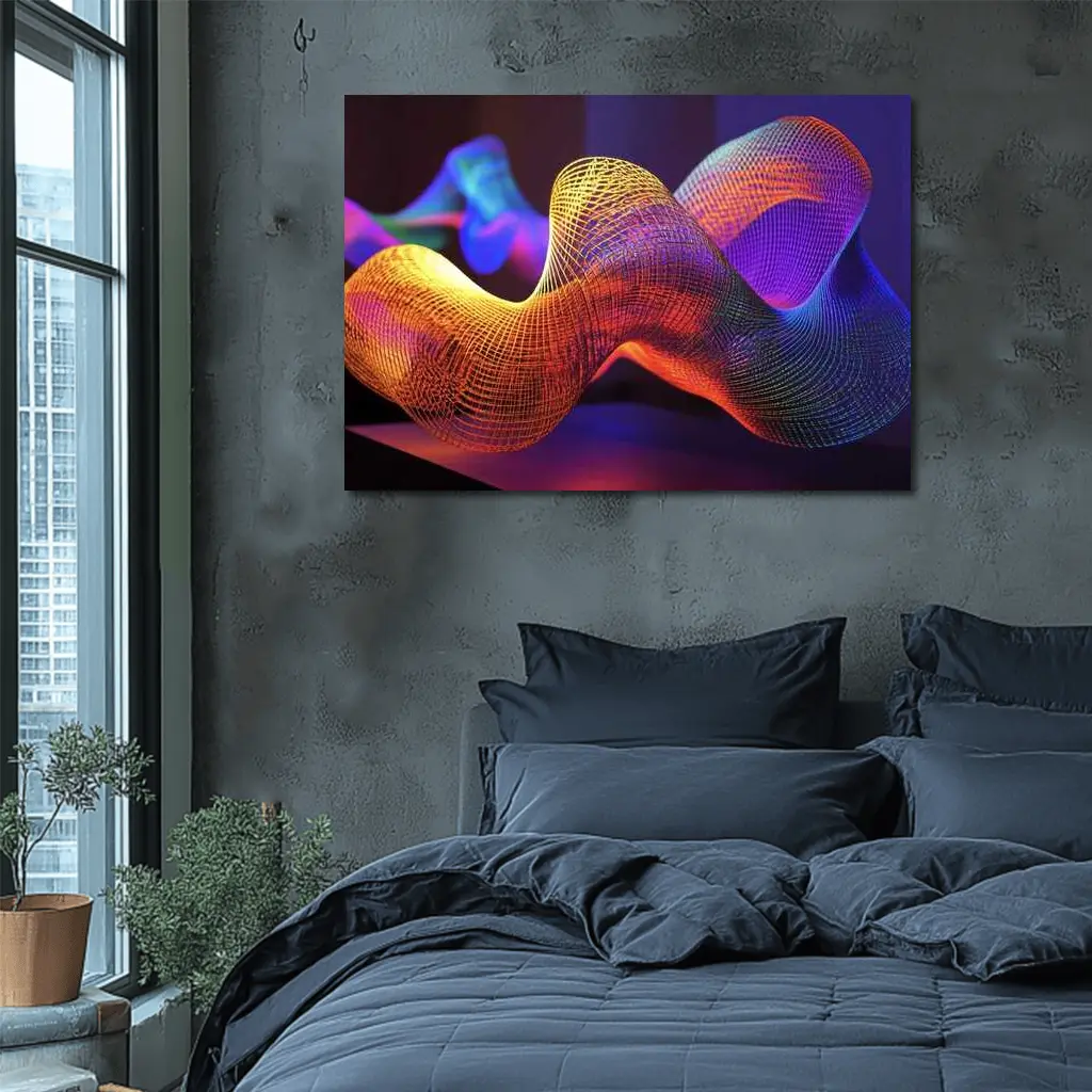 Neon Mesh Wave Sculpture Dark Background – Wall Art