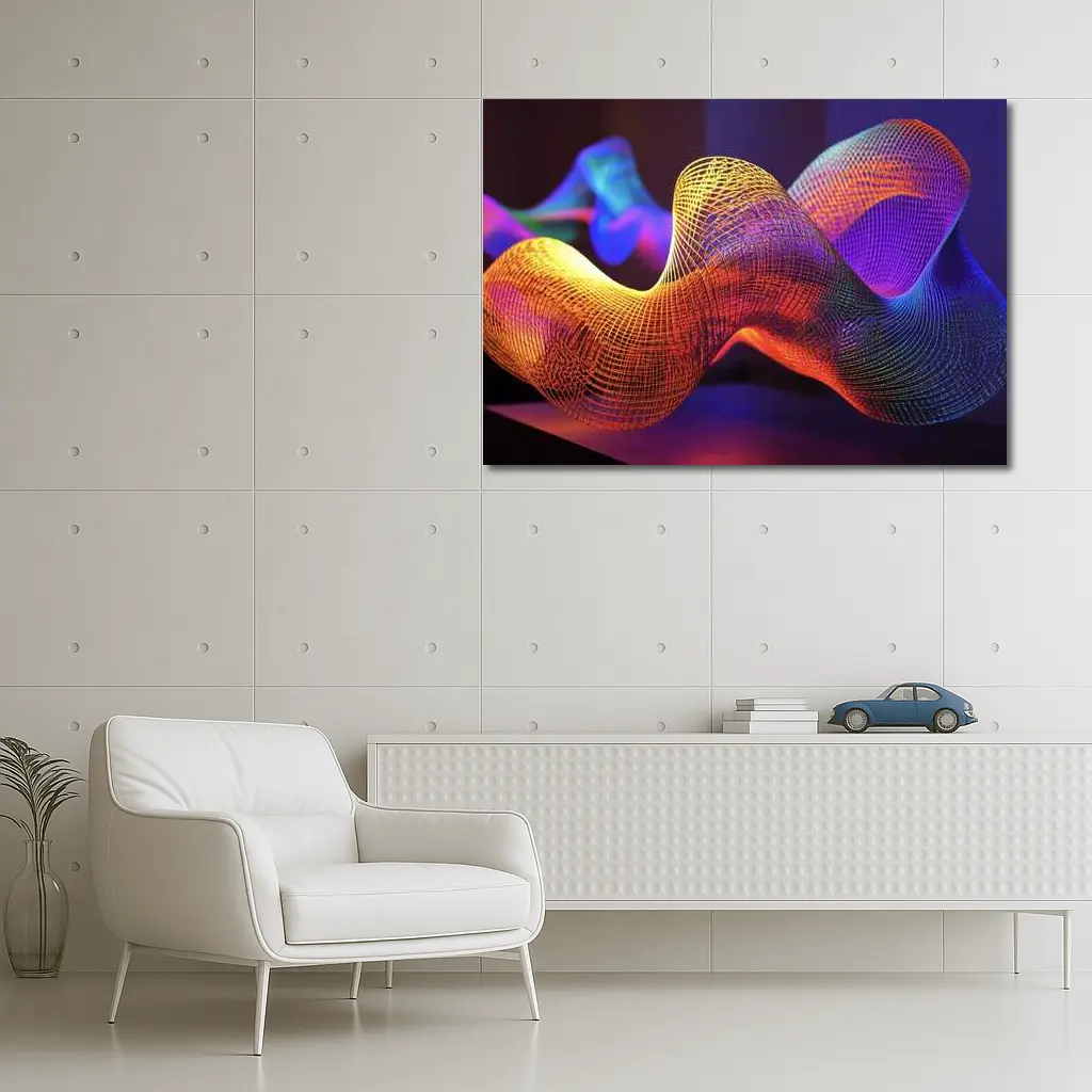 Neon Mesh Wave Sculpture Dark Background – Wall Art