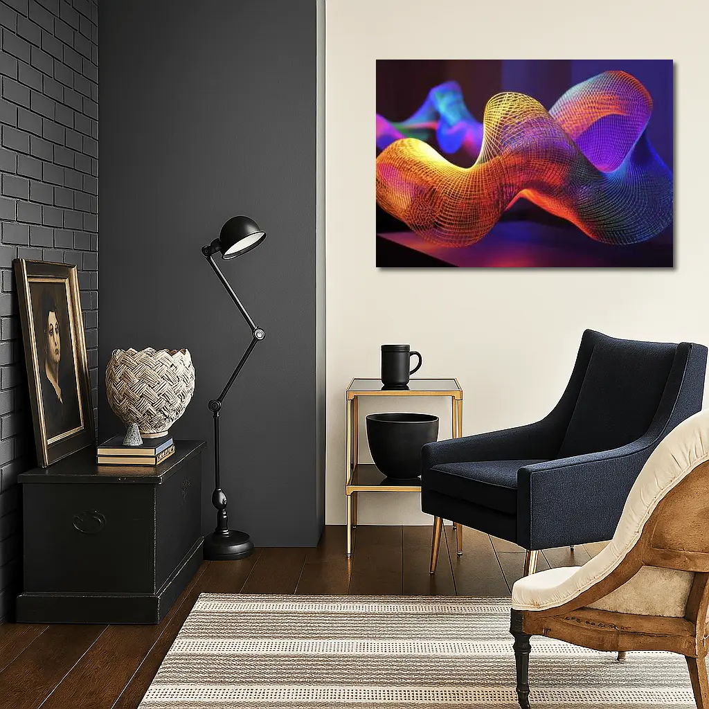 Neon Mesh Wave Sculpture Dark Background – Wall Art