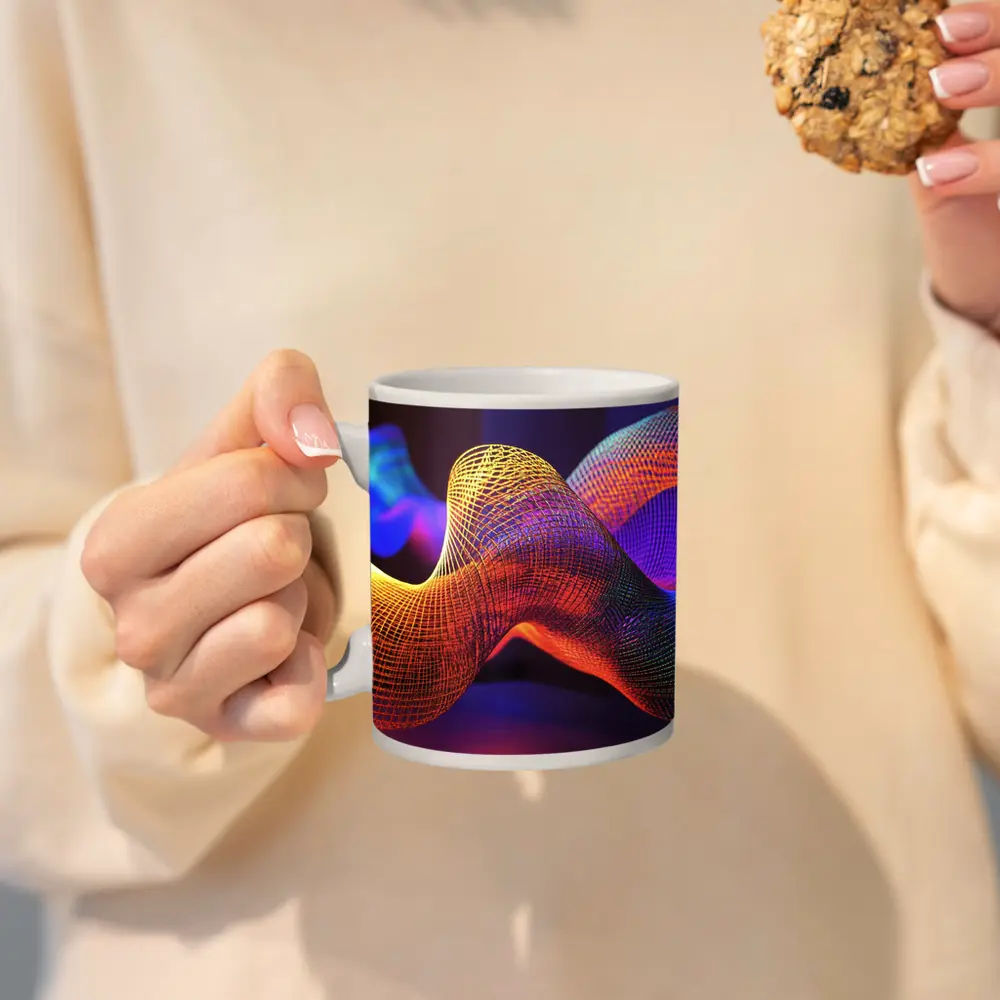 Neon Mesh Wave Sculpture Dark Background – Mugs