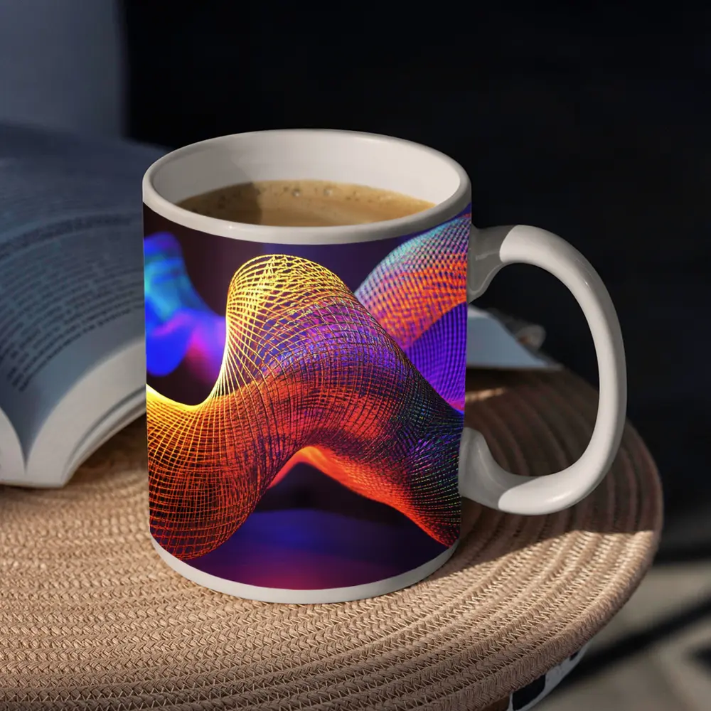 Neon Mesh Wave Sculpture Dark Background – Mugs