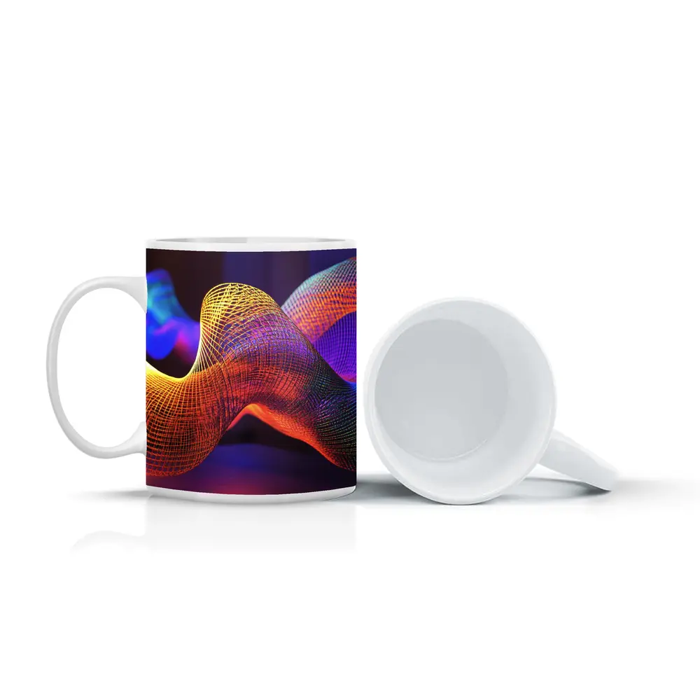 Neon Mesh Wave Sculpture Dark Background – Mugs