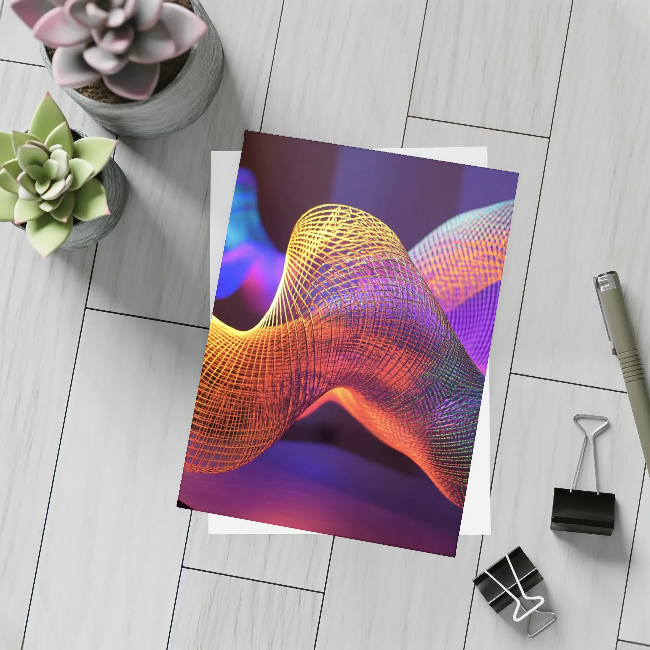 Neon Mesh Wave Sculpture Dark Background – Postcards