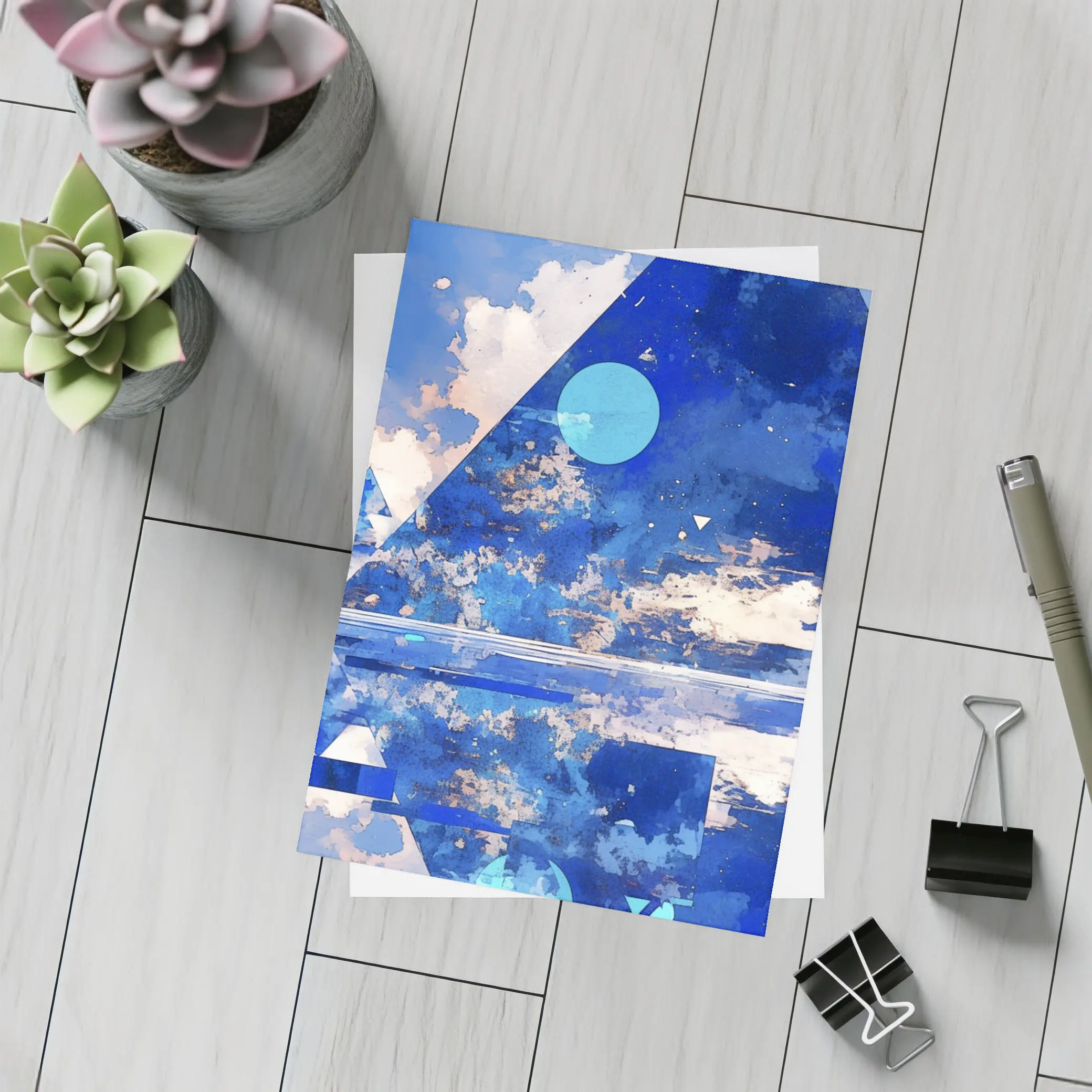 Blue Abstract Geometric Sky Triangle Art – Postcards