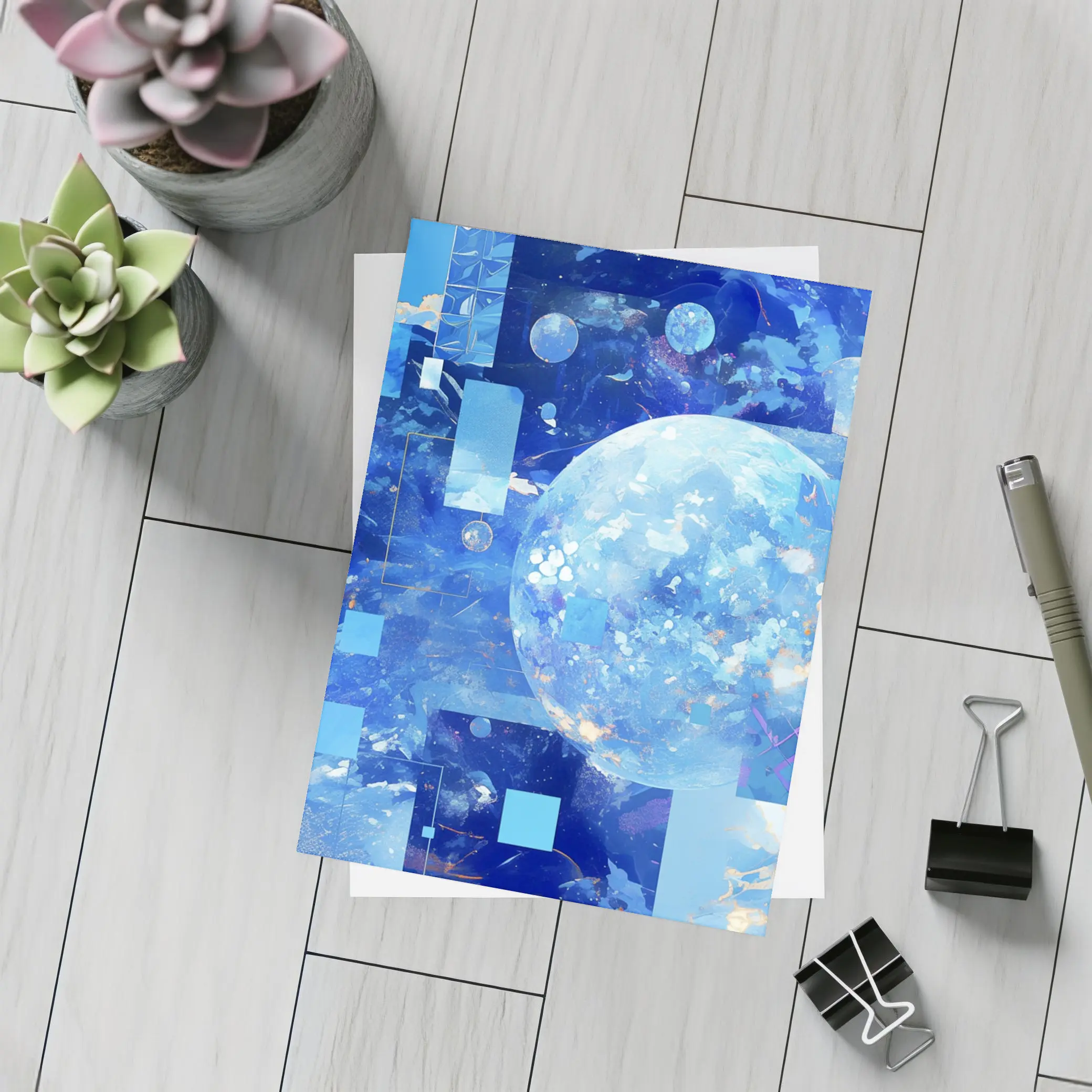 Blue Abstract Sky Planet Geometric Collage Art – Postcards