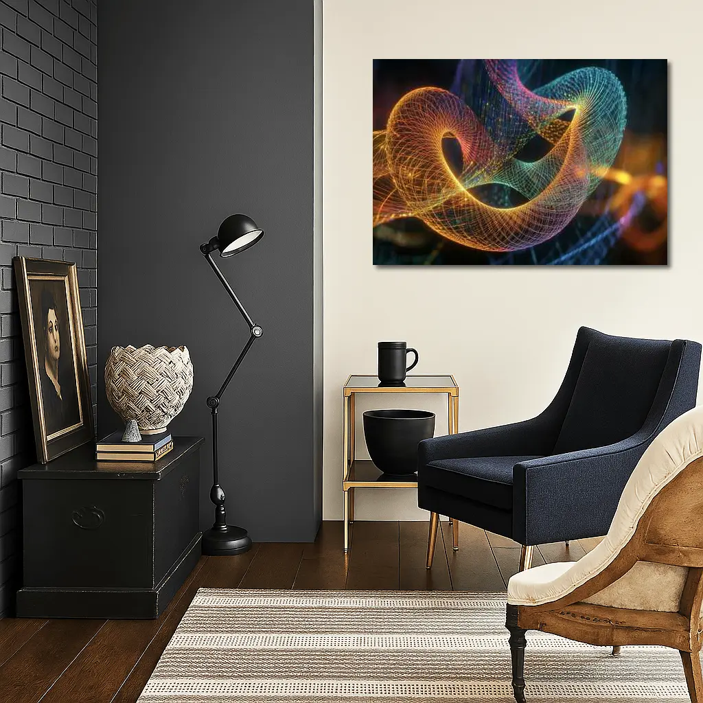 Glowing Geometric Wave Forms Dark Background – Wall Art
