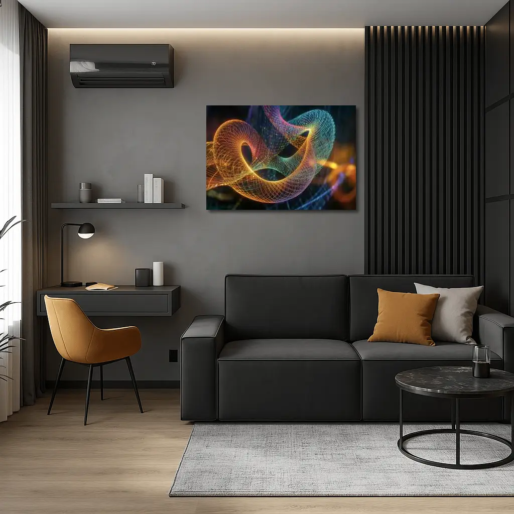 Glowing Geometric Wave Forms Dark Background – Wall Art