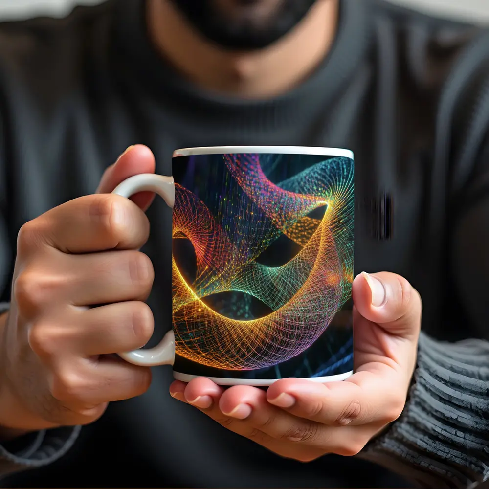 Glowing Geometric Wave Forms Dark Background – Mugs