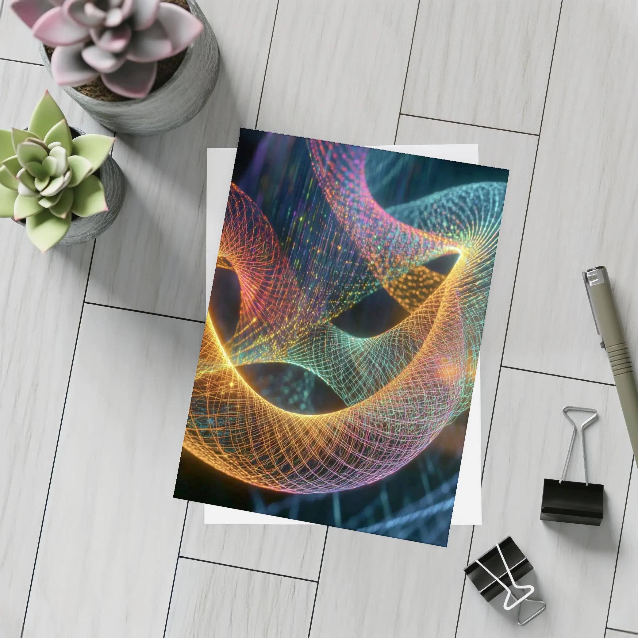 Glowing Geometric Wave Forms Dark Background – Postcards