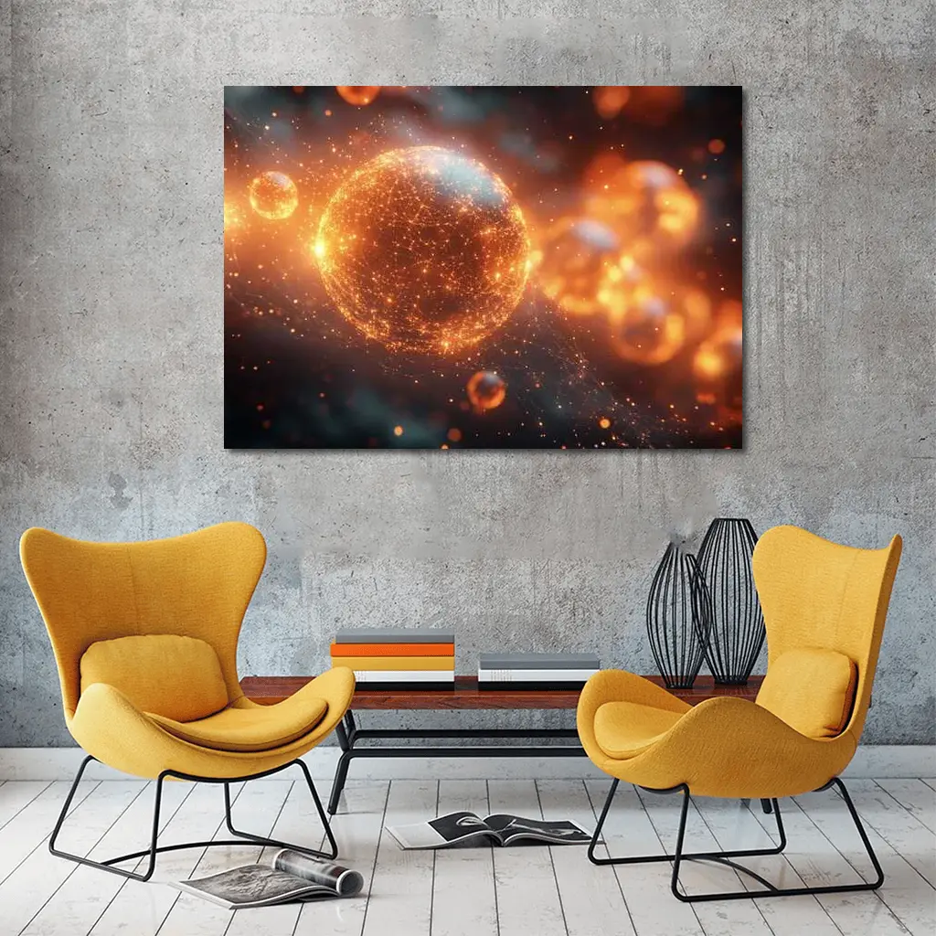 Glowing Orange Energy Sphere Space Network – Wall Art