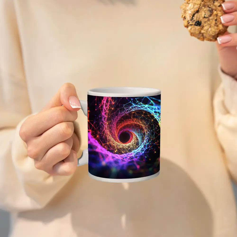 Neon Spiral Vortex Geometric Abstract Dark Background – Mugs
