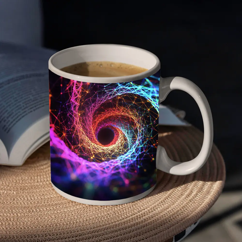 Neon Spiral Vortex Geometric Abstract Dark Background – Mugs