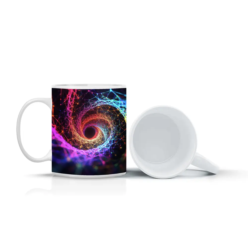 Neon Spiral Vortex Geometric Abstract Dark Background – Mugs