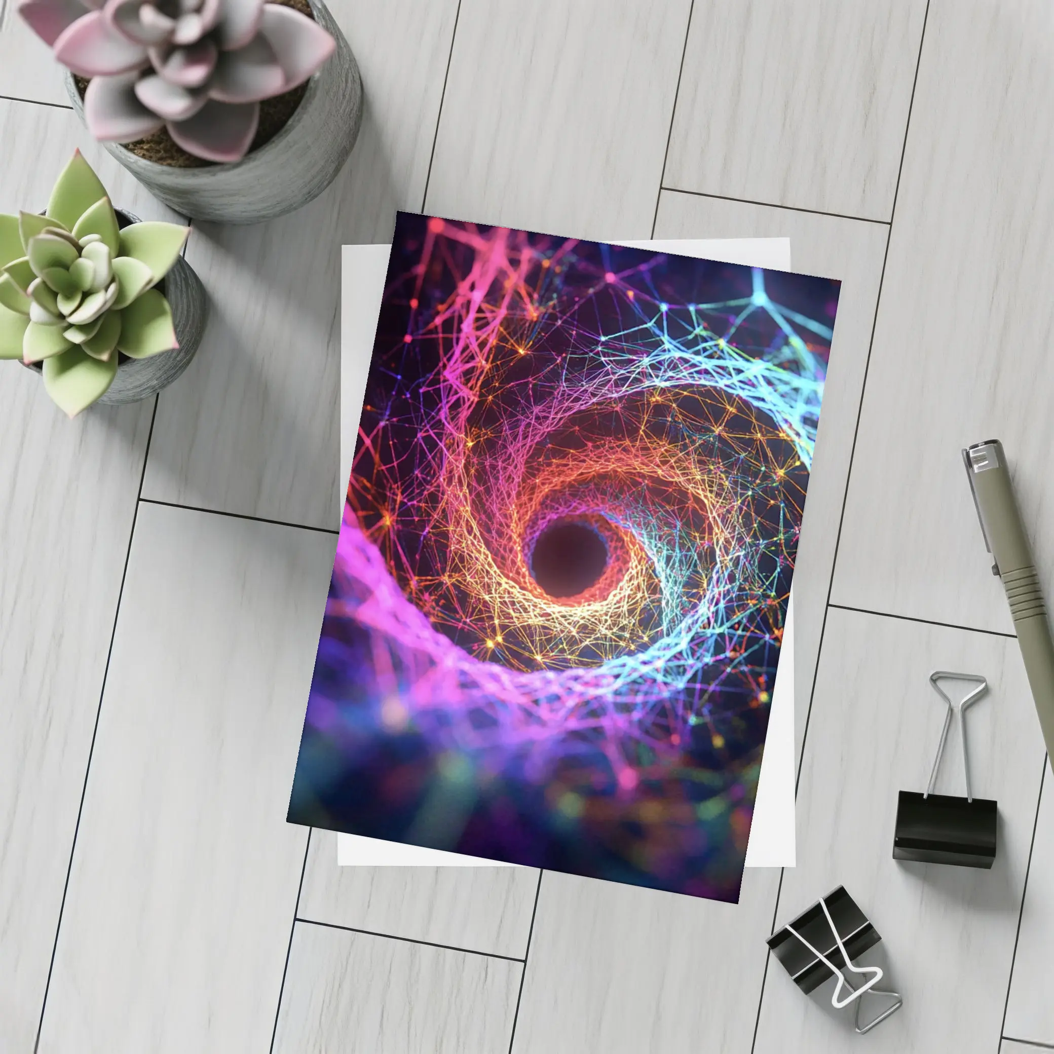 Neon Spiral Vortex Geometric Abstract Dark Background – Postcards