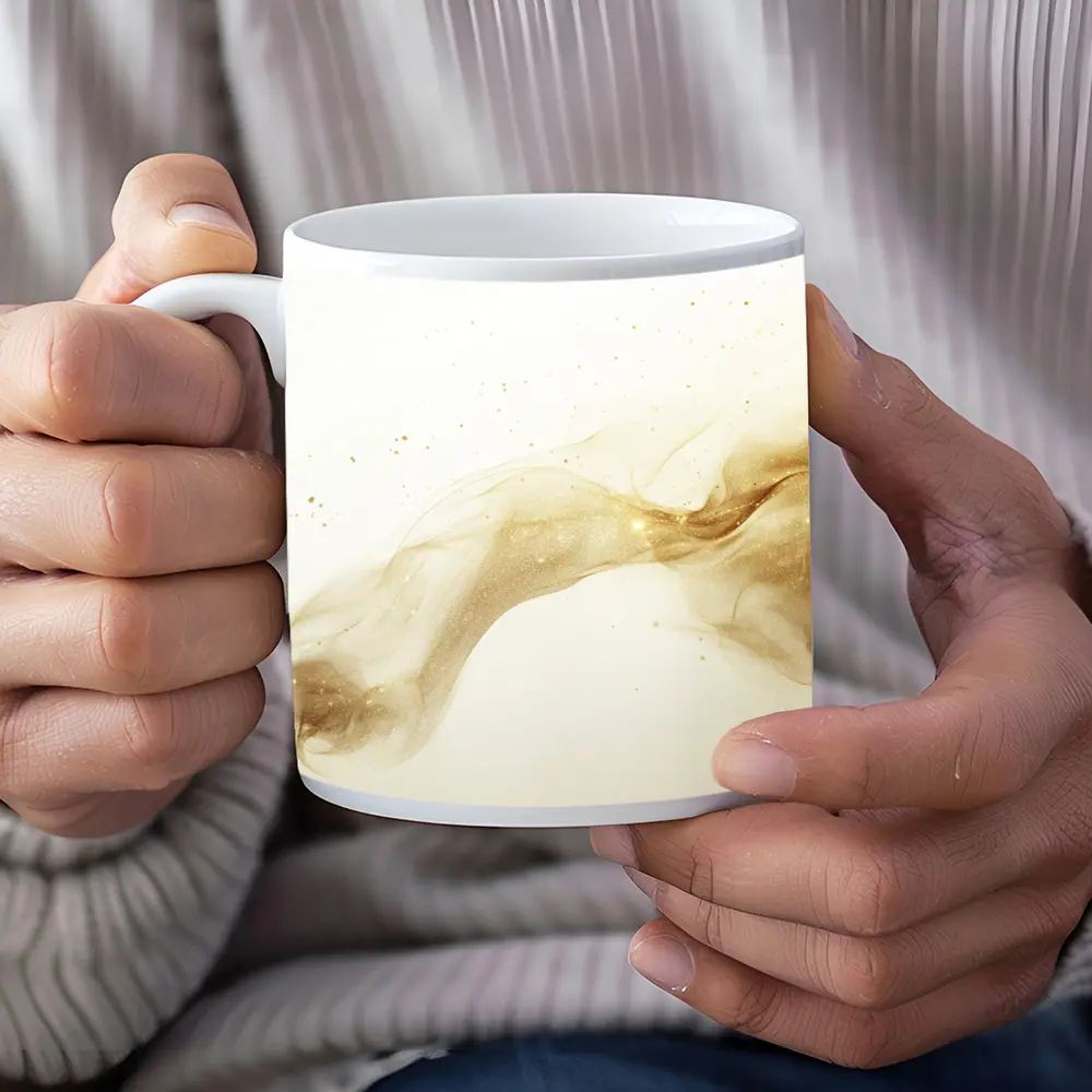 Gold Smoke Wave Abstract White Background – Mugs