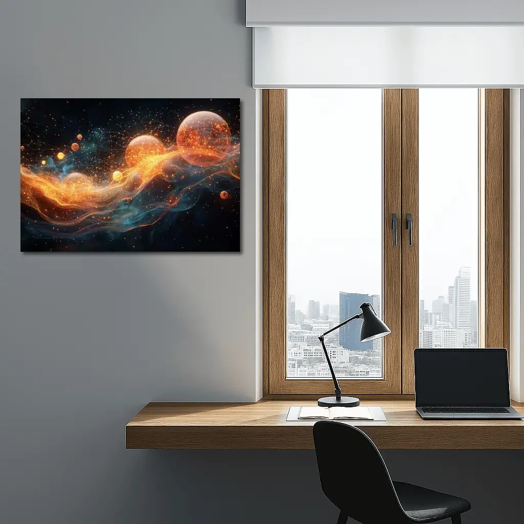 Glowing Orange Spheres Cosmic Energy Wave – Wall Art