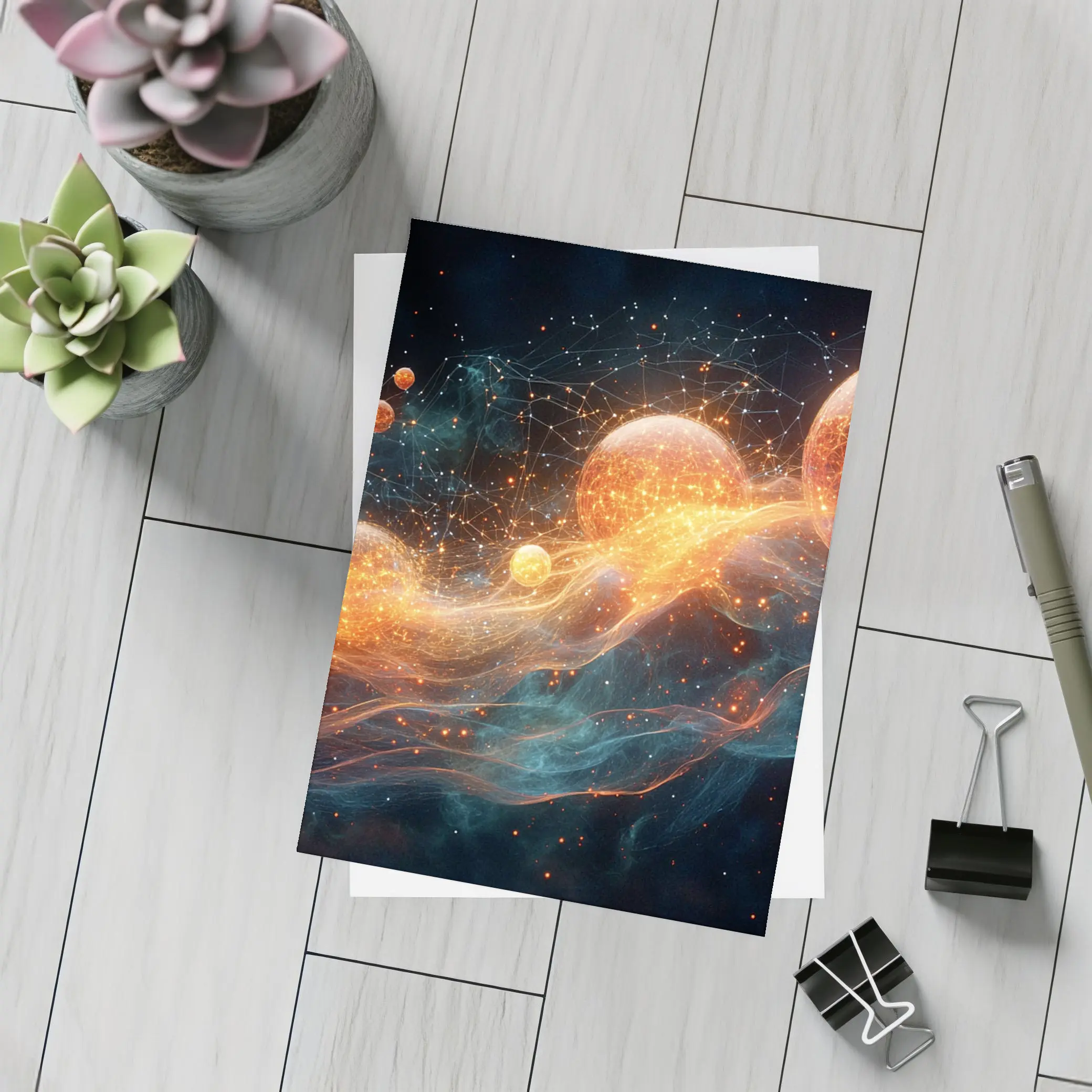 Glowing Orange Spheres Cosmic Energy Wave – Postcards